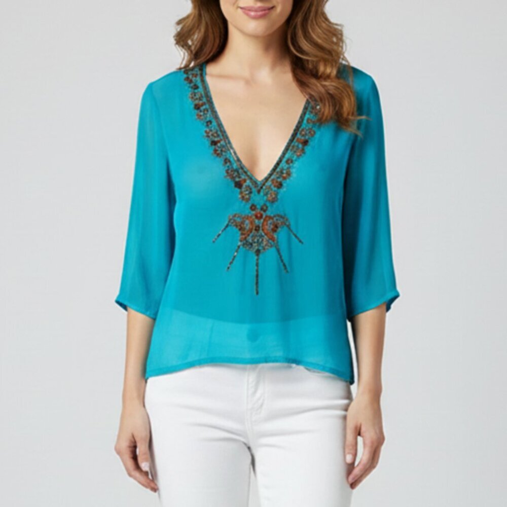 Lotta Stensson Silk Embroidered Beaded Tunic V Neck Top